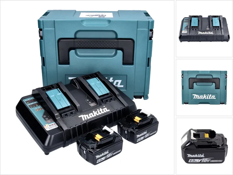 Power Source Kit 18 V met 2x BL 1860 B accu 6,0 Ah ( 2x 197422-4 ) + DC 18 RD dubbele lader ( 196933-6 ) + Makpac de Makita – image du produit