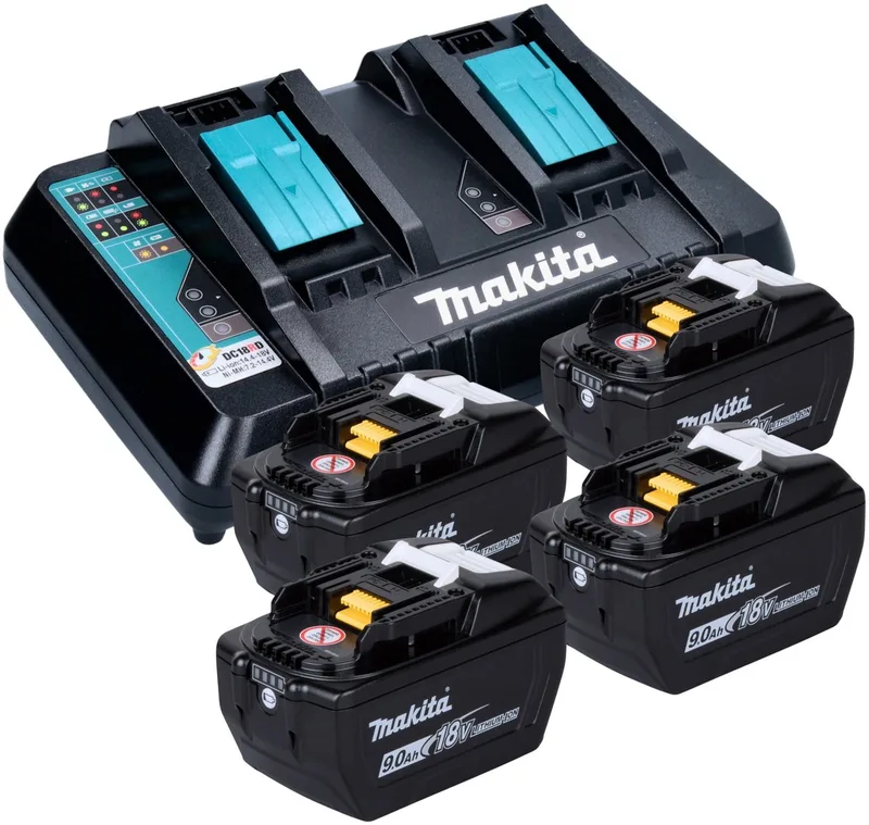 Power Source Kit 18 V met 4x BL 1890 accu 9,0 Ah + DC 18 RD dubbele snellader van Makita – productafbeelding