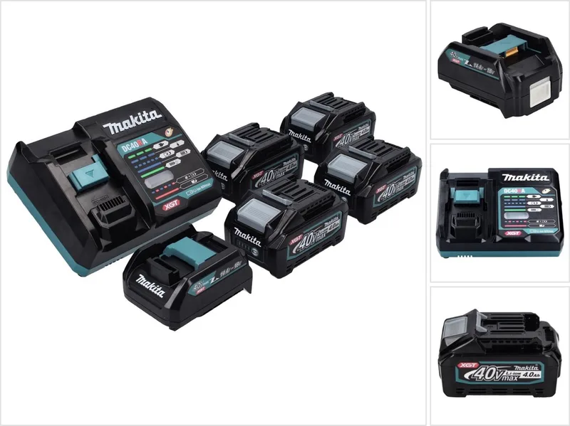 Power Source Kit 40 V max. met 4x BL 4040 accu 4,0 Ah XGT + DC 40 RA snellader XGT LXT + ADP10 laadadapter fra Makita – produktbillede