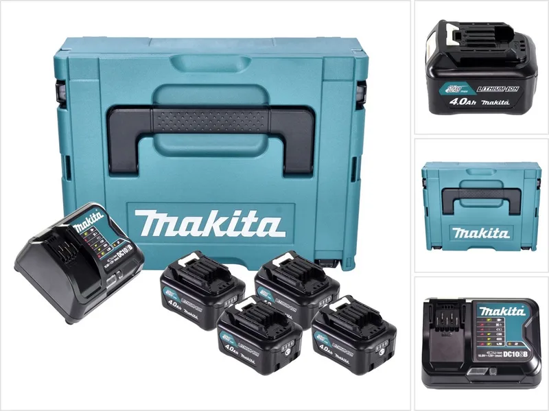Power Source Kit 4x BL 1041 B accu 12 V max. 4,0 Ah CXT ( 4x 197406-2 ) + DC 10 SB oplader ( 197363-4 ) + Makpac von Makita – Produktbild