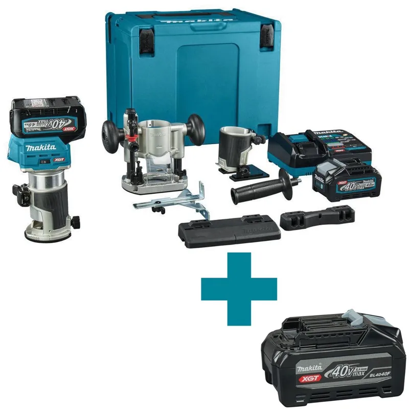 RT001GM206 Accu Boven- en kantenfrees + geleiderail adapter XGT 40V Max 4.0Ah in Mbox de Makita, Argent – image du produit