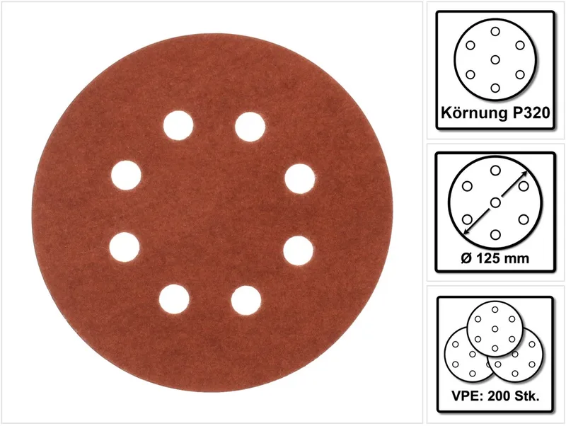 schuurpapier met klittenband 125 mm K 320 200 stuks (4x P-43692) voor DBO BO DCW DWE GEX PEX SXE BOS de Makita – image du produit