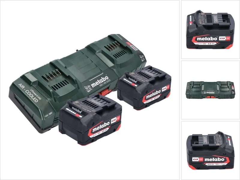 basisset 2x Li-Power accupack 18 V 4.0 Ah CAS Li-Ion accu ( 2x 625027000 ) + ASC 145 DUO dubbele snellader ( 627495000 ) van Metabo – productafbeelding