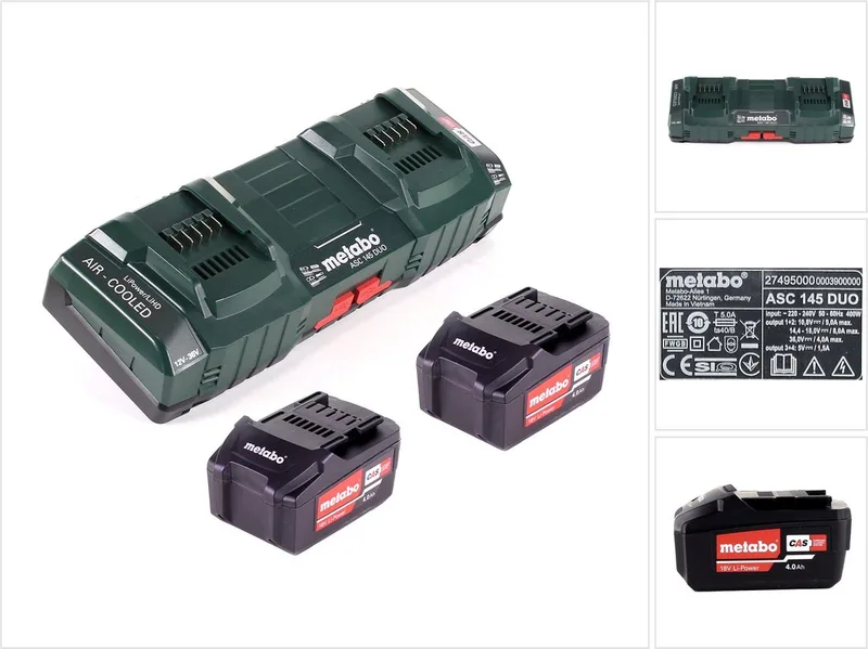 basisset 2x Li-Power accupack 18 V 4.0 Ah CAS Li-Ion accu ( 2x 625591000 ) + dubbele oplader ASC 145 DUO ( 627495000 ) de Metabo – image du produit