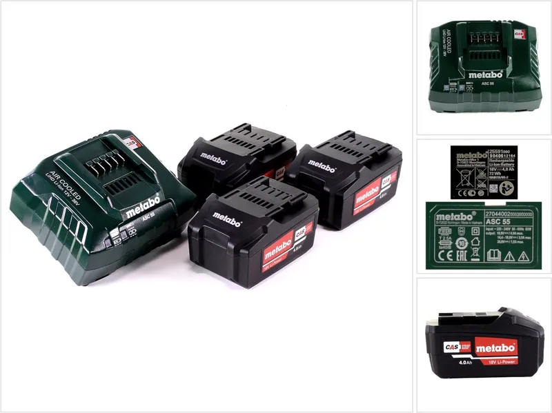 basisset 3x Li-Power accupack 18 V 4,0 Ah CAS Li-ion accu ( 3x 625591000 ) + oplader ASC 55 ( 627044000 ) von Metabo – Produktbild