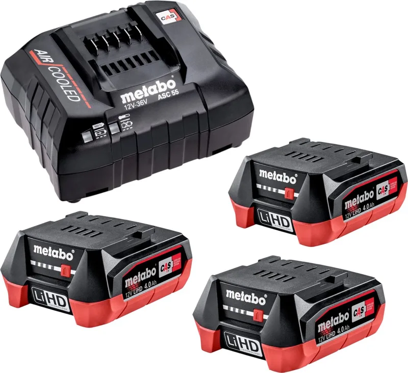 basisset 3x LiHD accupack 12 V 4.0 Ah accu ( 3x 625349000 ) + ASC 55 lader ( 627044000 ) von Metabo – Produktbild