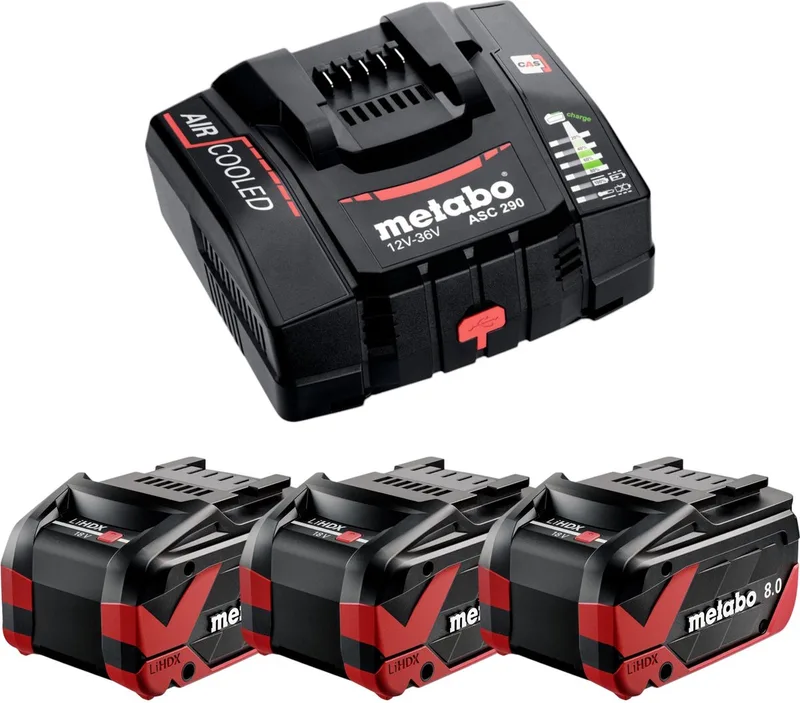 basisset 3x LiHDX accupack 18 V 8.0 Ah accu ( 3x 624975000 ) + ASC 290 lader ( 627370000 ) de Metabo – image du produit