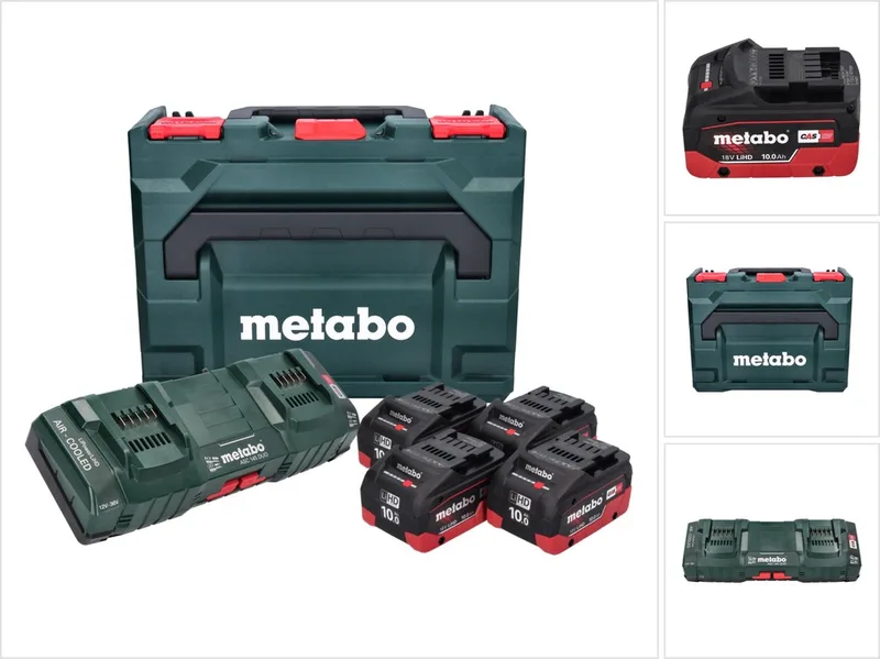 basisset 4x Li-Power accupack 18 V 10,0 Ah CAS Li-Ion accu ( 685143590 ) + DUO dubbele lader ASC 145 + metaBOX de Metabo – image du produit