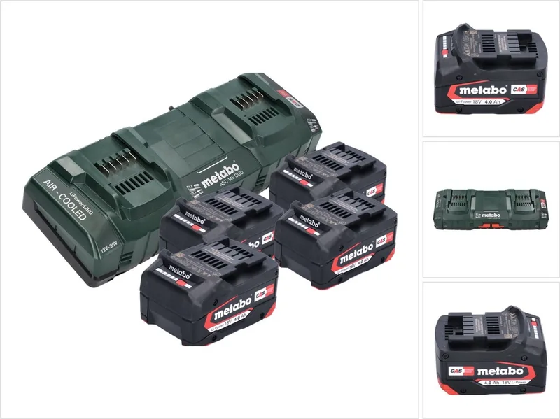 basisset 4x Li-Power accupack 18 V 4.0 Ah CAS Li-Ion accu ( 4x 625027000 ) + ASC 145 DUO dubbele snellader ( 627495000 ) by Metabo – product image