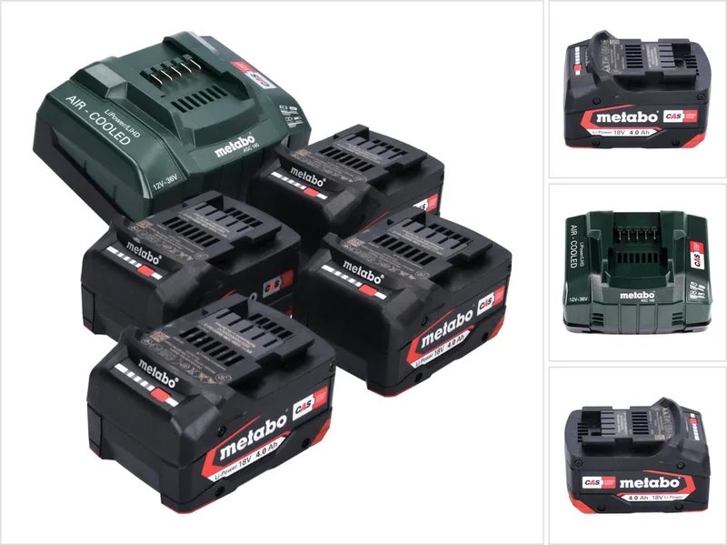 basisset 4x Li-Power accupack 18 V 4,0 Ah CAS Li-Ion accu ( 4x 625027000 ) + ASC 145 snellader ( 627378000 ) de Metabo – image du produit