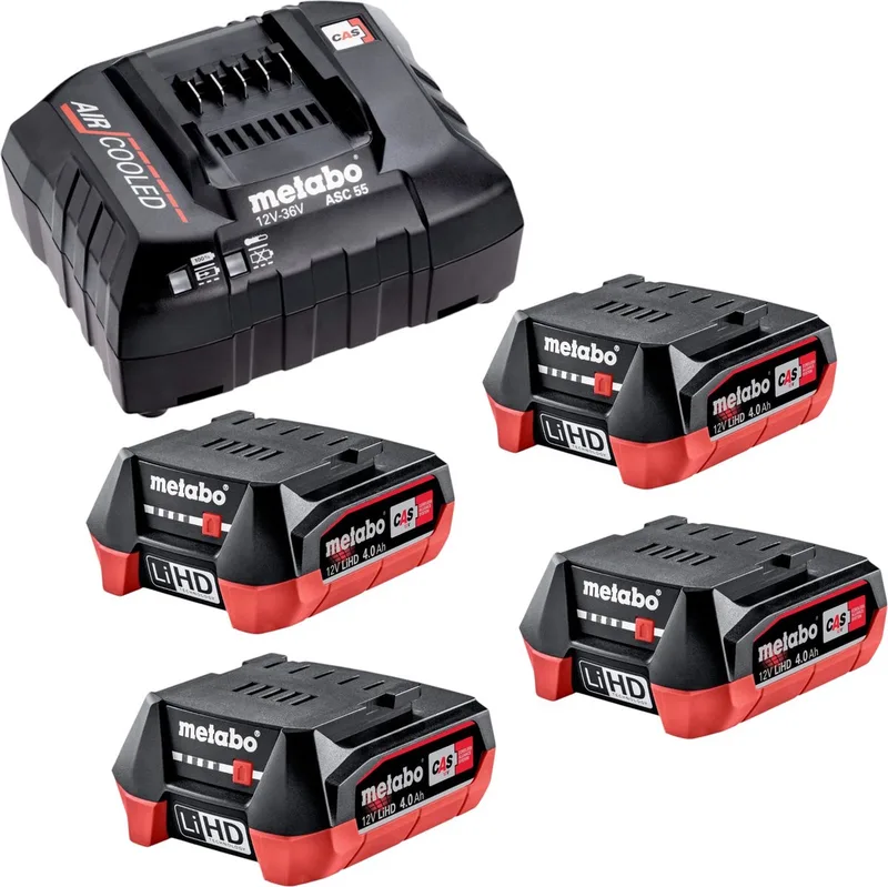 basisset 4x LiHD accupack 12 V 4.0 Ah accu ( 4x 625349000 ) + ASC 55 lader ( 627044000 ) de Metabo – image du produit