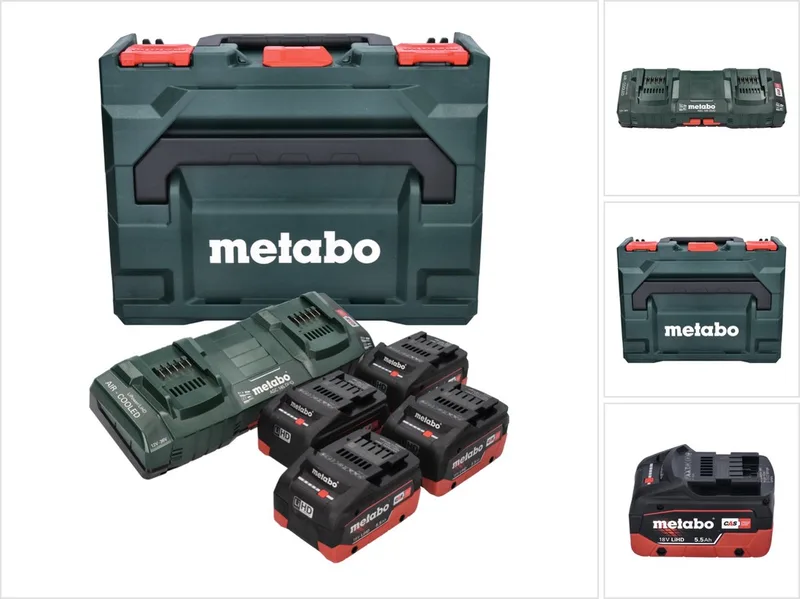 basisset 4x LiHD accupack 18 V 5,5 Ah Li-ion accu CAS-systeem ( 685180000 ) + ASC 145 DUO dubbele oplader + metaBOX fra Metabo – produktbillede