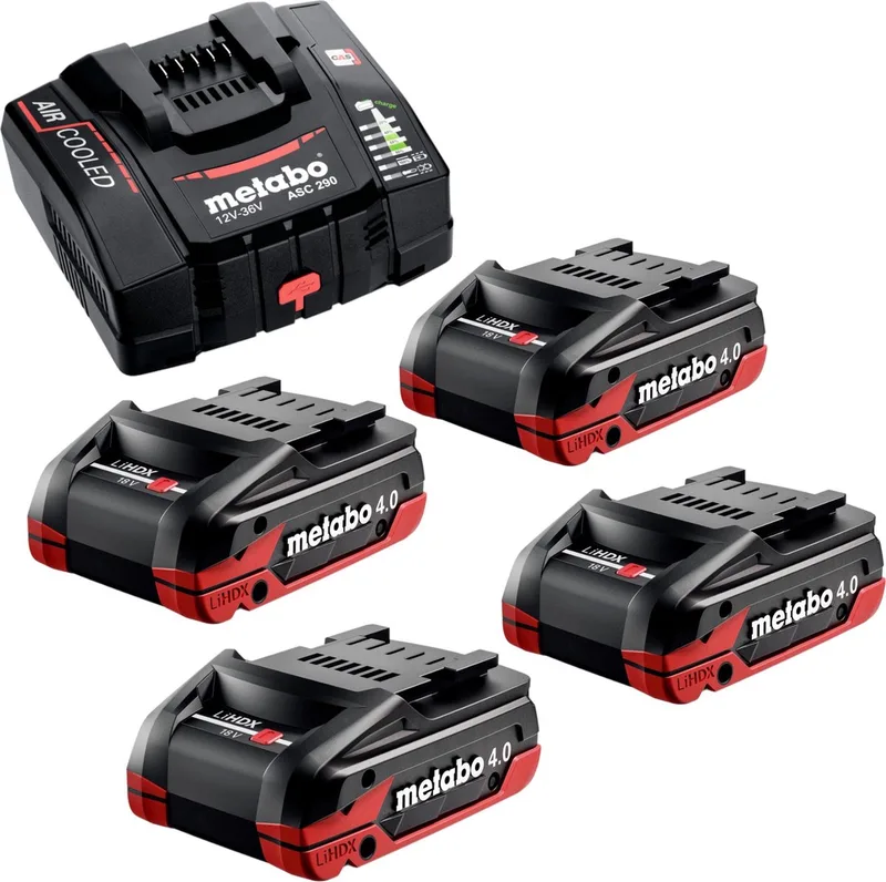 basisset 4x LiHDX accupack 18 V 4.0 Ah accu ( 4x 624974000 ) + ASC 290 lader ( 627370000 ) van Metabo – productafbeelding