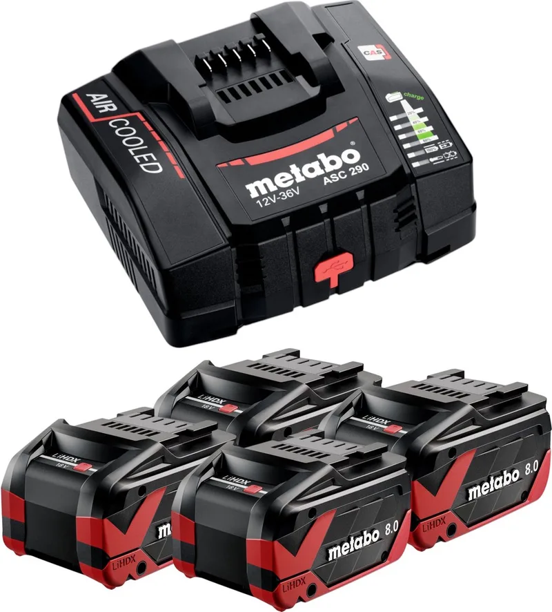 basisset 4x LiHDX accupack 18 V 8.0 Ah accu ( 4x 624975000 ) + ASC 290 lader ( 627370000 ) by Metabo – product image