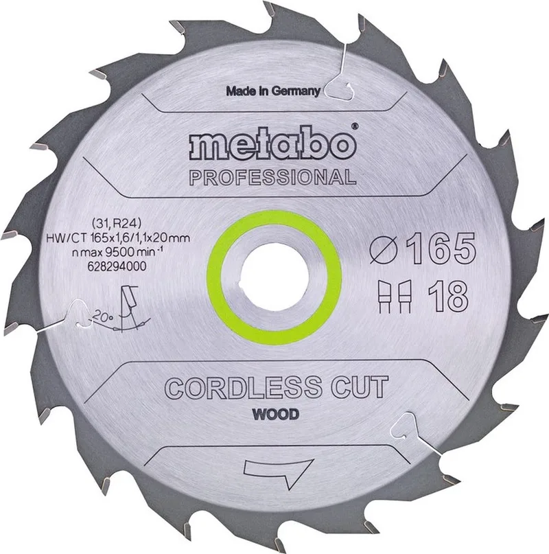 CORDLESS CUT WOOD 628295000 Lame de scie circulaire 165 x 20 x 1.1 mm Nombre de dents: 36 1 pc(s) de Metabo – image du produit