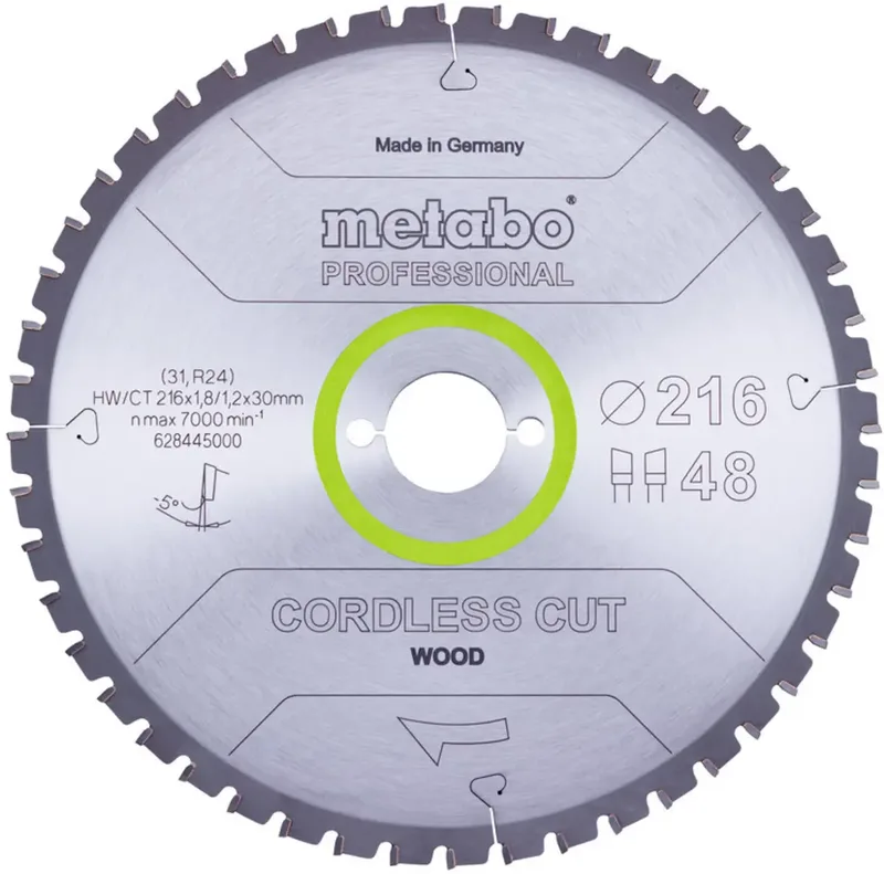 Cordless Cut Wood 628445000 Lame de scie circulaire 216 x 30 x 1.2 mm Nombre de dents: 48 1 pc(s) de Metabo – image du produit