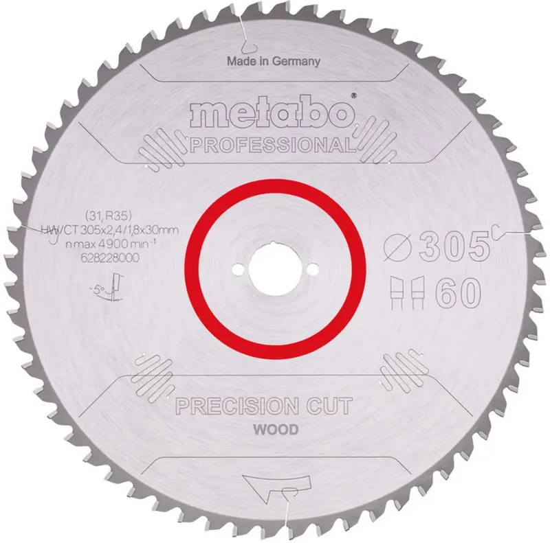 HW/CT 305X30 60 WZ 628228000 Hartmetall Kreissägeblatt 305 x 30 x 1.8 mm Zähneanzahl: 60 1 St. fra Metabo – produktbillede