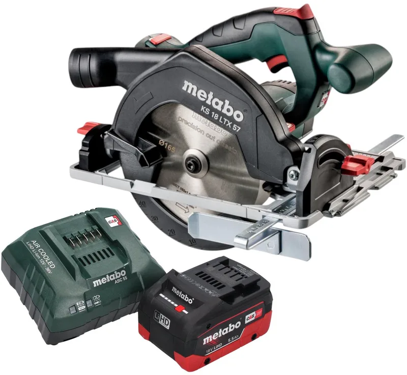 KS 18 LTX 57 Accucirkelzaag 18 V 165 mm + 1x LiHD accu 5,5 Ah + lader von Metabo – Produktbild