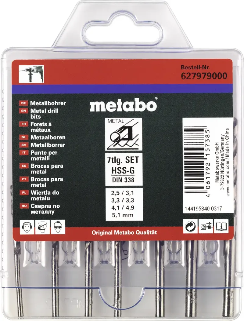 Metabo 2CPX062512R9999 HSS-G Stahl Spiralbohrer 7teilig 2.5 mm, 3.1 mm, 3.3 mm, 4.1 mm, 4.9 mm, 5.1 mm DIN 338 7 St. de Metabo – image du produit