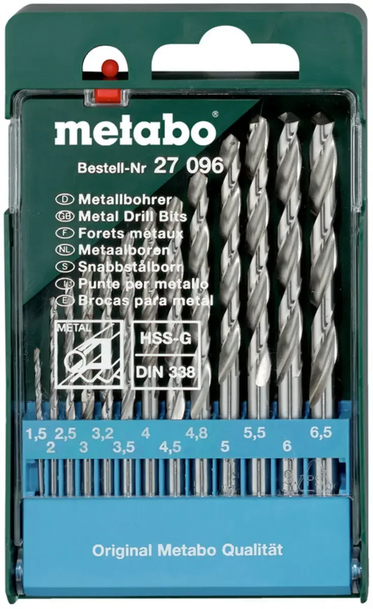 Metabo 627096000 Metall-Spiralbohrer-Set 13teilig 1.5 mm, 2 mm, 2.5 mm, 3 mm, 3.2 mm, 3.5 mm, 4 mm, 4.5 mm, 4.8 mm, 5 mm, 5.5 mm, 6 mm, 6.5 mm 1 St. de Metabo – image du produit
