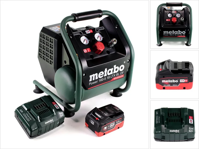 Power 160-5 18 LTX BL OF accucompressor 18 V 8,0 bar borstelloos + 1x LiHD accupack 5,5 Ah + lader de Metabo – image du produit
