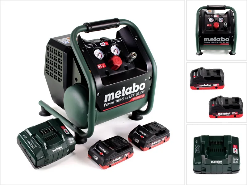 Power 160-5 18 LTX BL OF accucompressor 18 V 8,0 bar borstelloos + 2x LiHD accupack 4,0 Ah + lader von Metabo, Grün – Produktbild