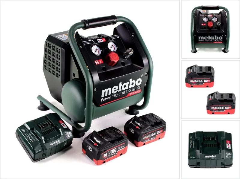 Power 160-5 18 LTX BL OF accucompressor 18 V 8,0 bar borstelloos + 2x LiHD accupack 5,5 Ah + lader de Metabo, Vert – image du produit