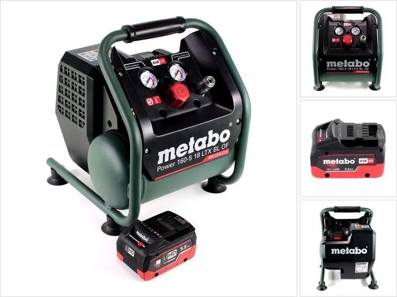 Power 160-5 18 LTX BL OF Snoerloze compressor 18 V 8,0 bar Brushless + 1x LiHD accupack 5,5 Ah - zonder lader de Metabo, Vert – image du produit