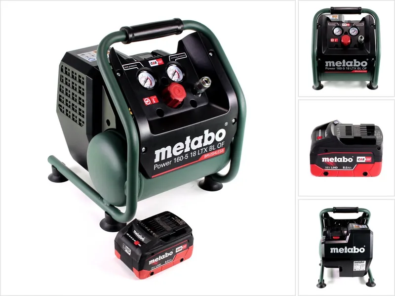 Power 160-5 18 LTX BL OF Snoerloze compressor 18 V 8,0 bar Brushless + 1x LiHD accupack 8,0 Ah - zonder lader van Metabo, Zwart – productafbeelding