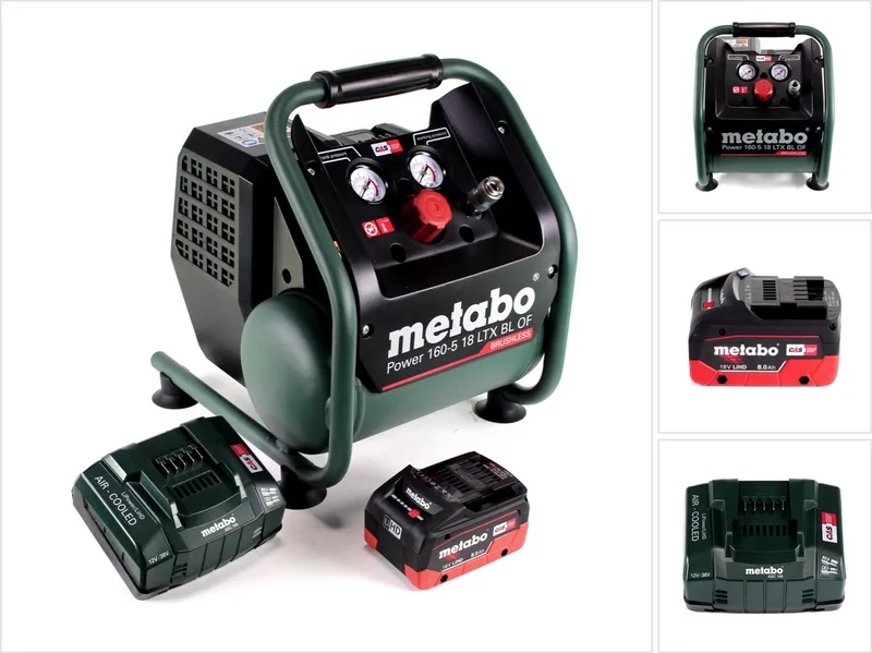 Power 160-5 18 LTX BL OF Snoerloze compressor 18 V 8,0 bar Brushless + 1x LiHD accupack 8,0 Ah + lader von Metabo – Produktbild