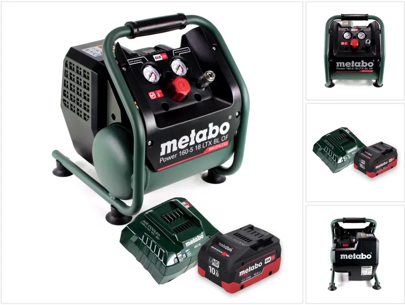 Power 160-5 18 LTX BL OF Snoerloze compressor 18 V 8,0 bar Brushless + 1x accu 10,0 Ah + lader von Metabo, Grün – Produktbild