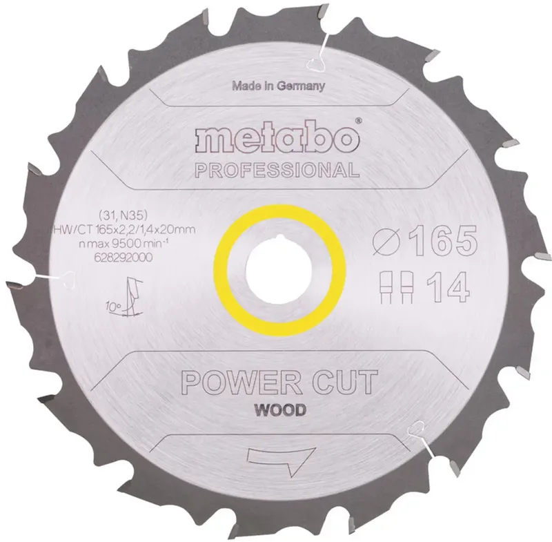 Power cut wood - professional 628292000 Lame de scie circulaire 165 x 20 x 1.4 mm Nombre de dents: 14 1 pc(s) de Metabo – image du produit