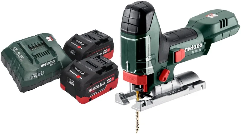 ST 18 L 90 accu-decoupeerzaag 18 V 90 mm + 2x LiHD-accupack 5,5 Ah + oplader fra Metabo – produktbillede