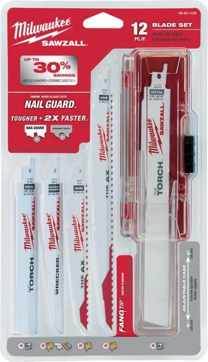 49221129 / 49222229 12 delige Reciprozaagbladen set - Hout/Metaal/Sloopwerk fra Milwaukee – produktbillede