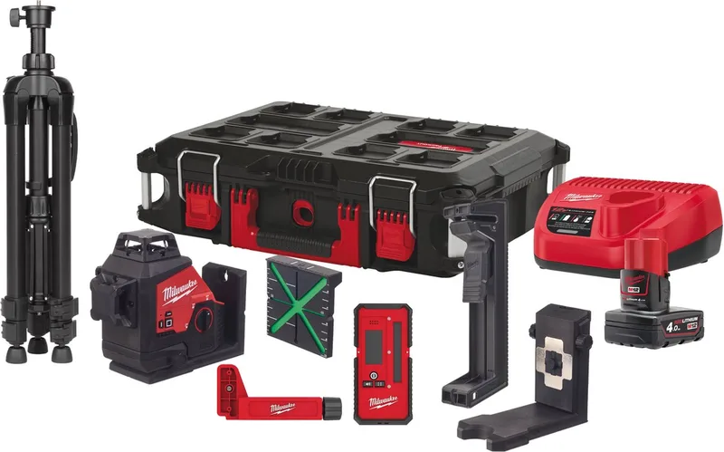 M12 3PLKIT-401P Accu Kruislijnlaser 3x360° Groen 12V 4.0Ah + Laserdetector + Statief in Koffer - 4933478960 von Milwaukee – Produktbild