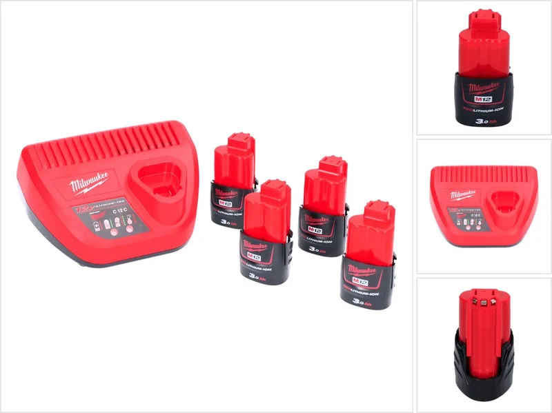 M12 NRG-304 accu-starterset 4x 12 V 3,0 Ah / 3000 mAh Li-ion accu ( 4x 4932451388 ) + M12-C12C oplader ( 4932352000 ) van Milwaukee – productafbeelding