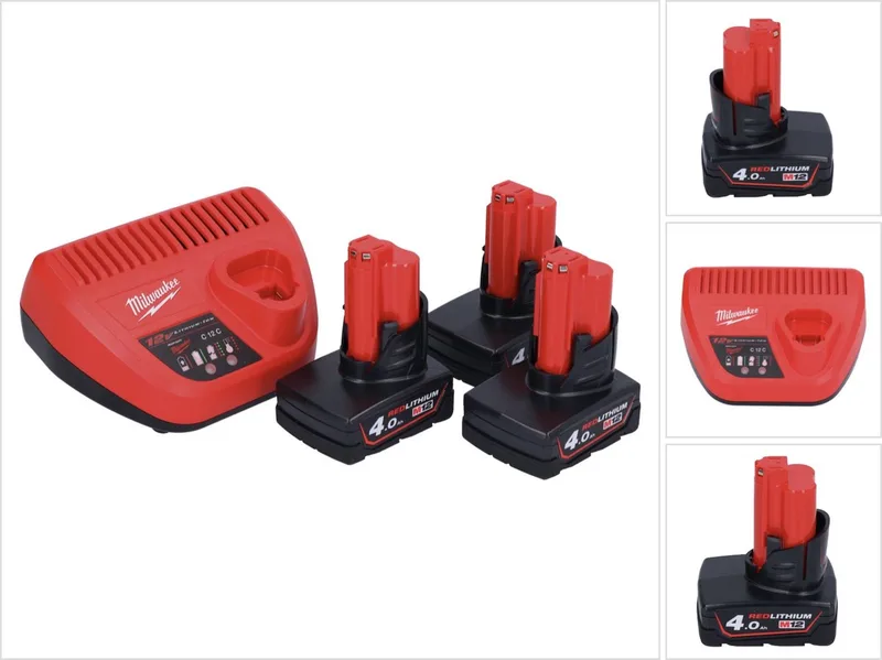M12 NRG-403 accu-starterset 3x 12 V 4,0 Ah / 4000 mAh Li-ion-accu + C12 C-lader de Milwaukee – image du produit