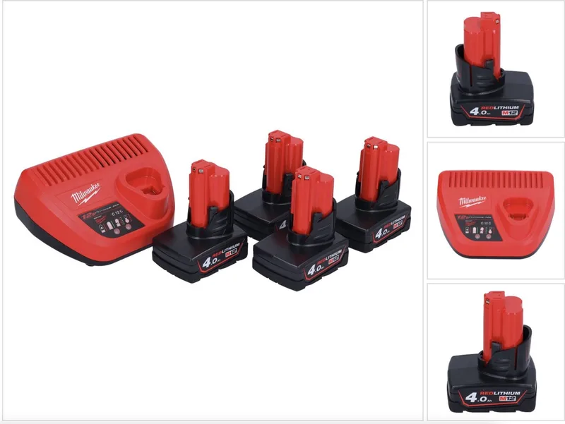 M12 NRG-404 accu-starterset 4x 12 V 4,0 Ah / 4000 mAh Li-ion-accu + C12 C-lader von Milwaukee – Produktbild
