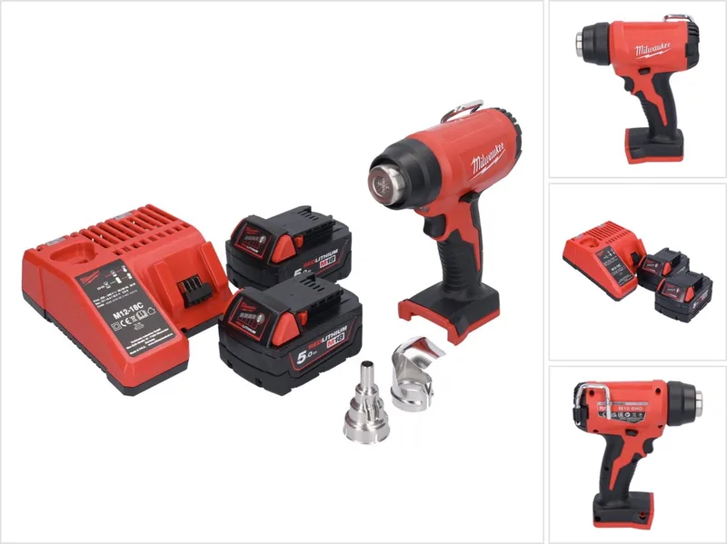 M18 BHG-502 snoerloos heteluchtpistool 18 V 470 °C + 2x accu 5.0 Ah + lader van Milwaukee – productafbeelding