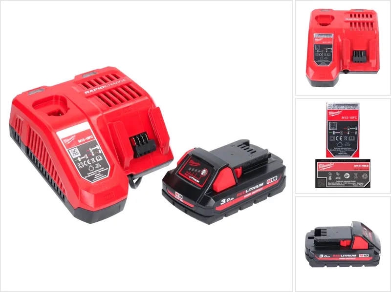 M18 NRG-301 accu-starterset High Output 18 V 3,0 Ah / 3000 mAh Li-ion-accu ( 4932471069 ) + M12-18FC-lader ( 4932451079 ) fra Milwaukee – produktbillede