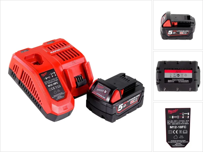 M18NRG-501 accu-starterset 18 V met M18 B5 accu 5,0 Ah + M12-18FC oplader de Milwaukee – image du produit