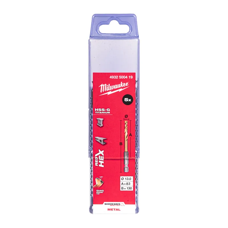 Metaalboor HSS-G Ti. SHOCKWAVE RED HEX 13 mm (5 stuks) - 4932500419 by Milwaukee – product image