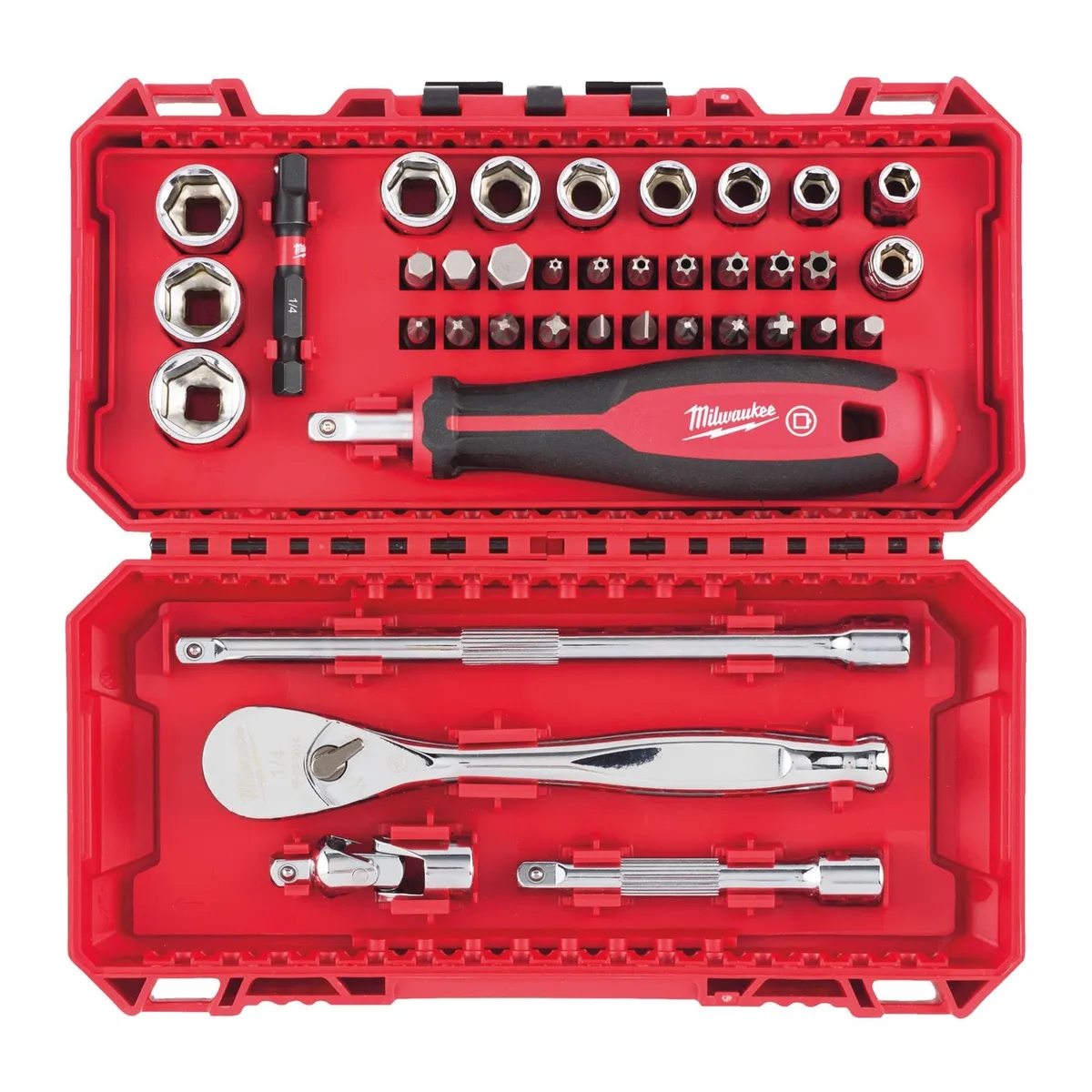 Milwaukee 38-delig 1/4" Doppen- en ratelset FOUR FLAT in PACKOUT™ Ready Box - 4932498381 från Milwaukee – produktbild