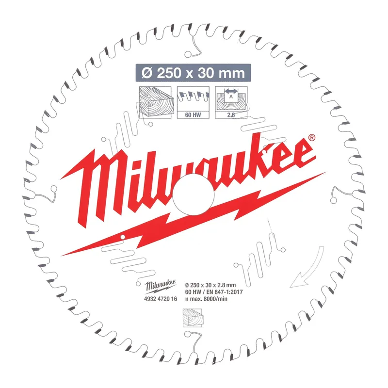 Ø 250mm Asgat 30mm 60T Cirkelzaagblad voor Hout - 4932472016 de Milwaukee – image du produit