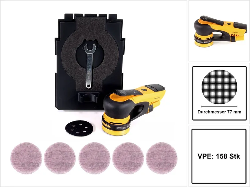 DEROS 325CV 77mm Exzenterschleifer Hub 2,5mm 250W Brushless ( MID3252011 ) + 158x Schleifscheibe ABRANET van Mirka – productafbeelding