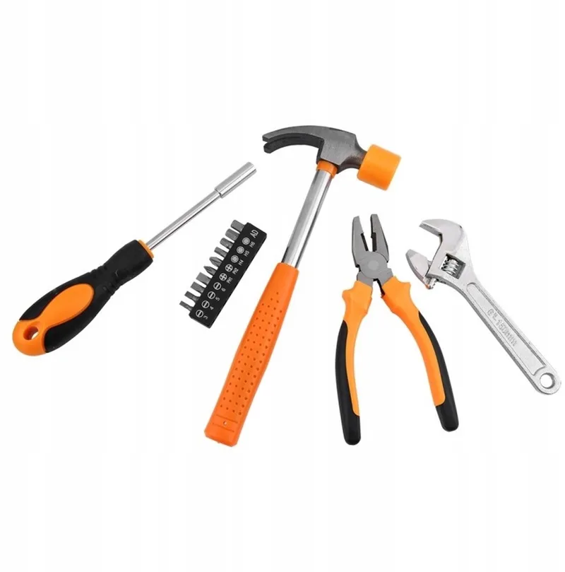Basisgereedschapset - met hamer, tang, moersleutel & schroevendraaier met bits - 14-delig van Neo Tools, Oranje – productafbeelding