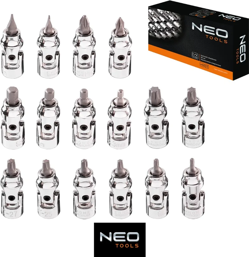 Bitset met Cardan 1/4" 16 Delig Torx, Plat, Kruis, Zeskant by Neo Tools – product image
