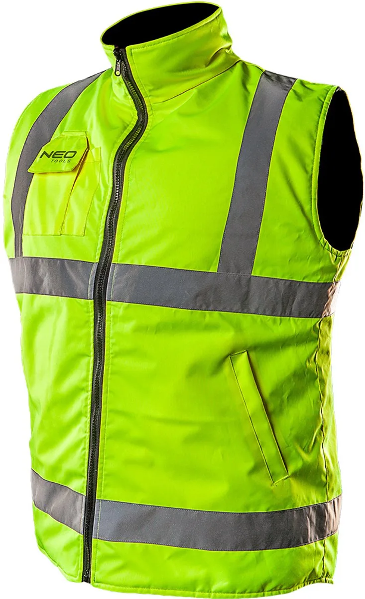 Bodywarmer Reflectie Waterproof Reflectie Materiaal Lange Rug Hoge Kraag 100% Polyester Buitenkant 100% Polar Fleece Binnenkant von Neo Tools, Gelb, Schwarz, M – Produktbild