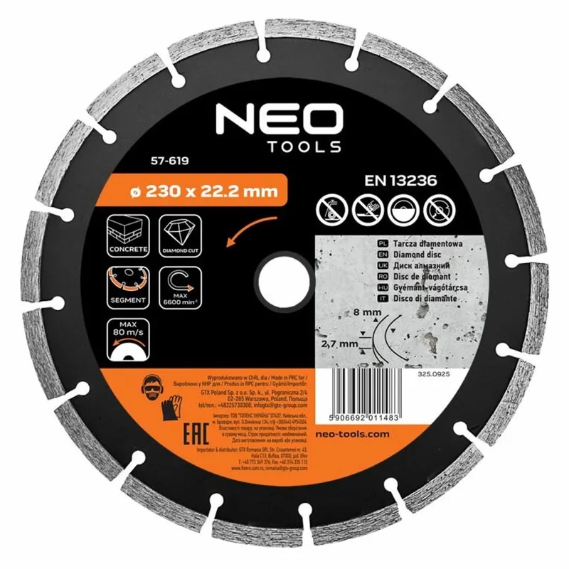 Diamant Slijpschijf voor steen, beton, baksteen 230 mm van Neo Tools – productafbeelding