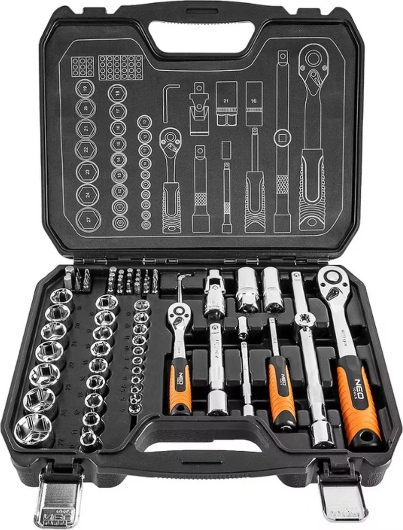 doppenset 73 dlg, 1/4-1/2 aansluiting crv staal by Neo Tools, Neutraal – product image